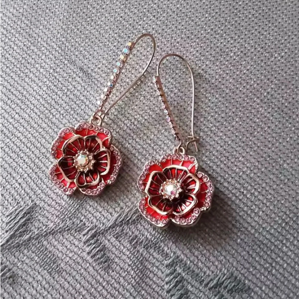 New Mediterranean Ethnic Boho Colorful Red Rose Crystal Drop Earrings